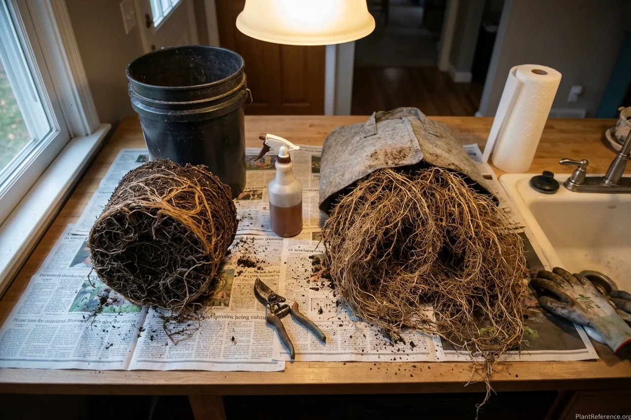 Tomato root system comparison showing healthy roots in large container versus circling roots in small pot