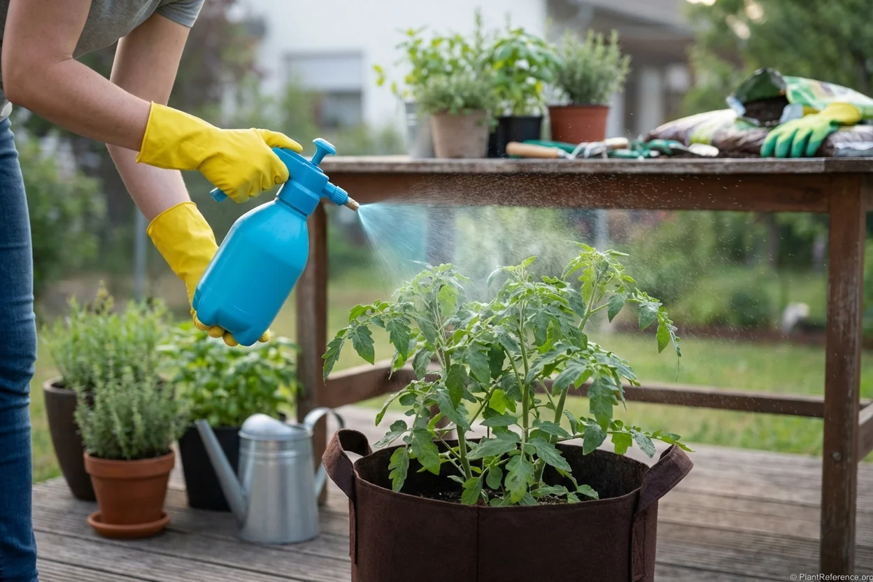 Person applying copper fungicide to container grown tomato plants for disease prevention