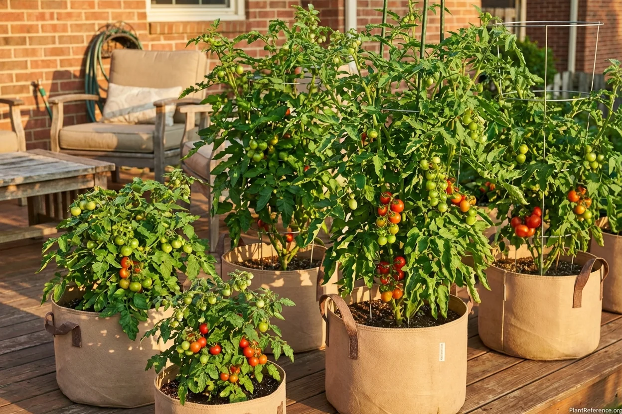 Multiple container tomato plants showing healthy disease-free growth with proper spacing and care
