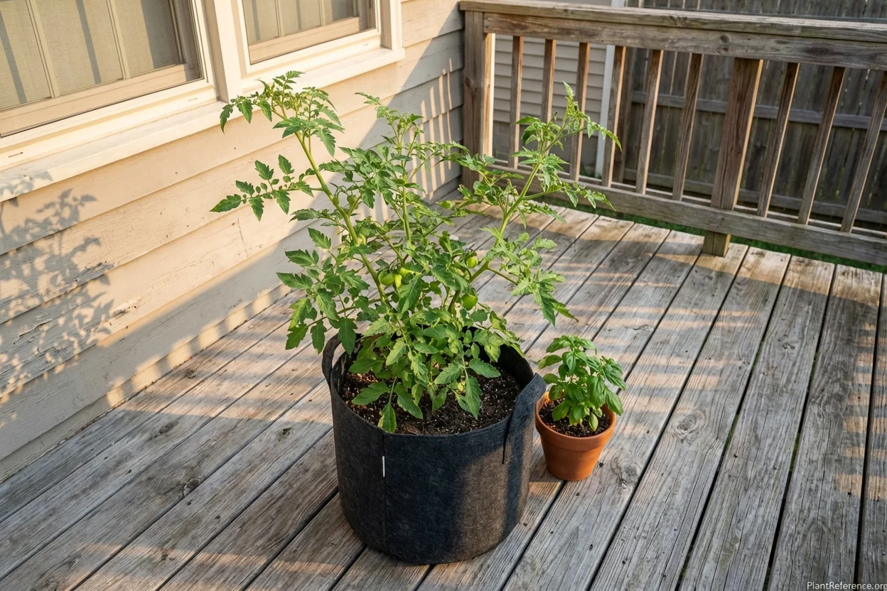 Container tomato plant positioned for optimal air circulation to prevent leaf diseases