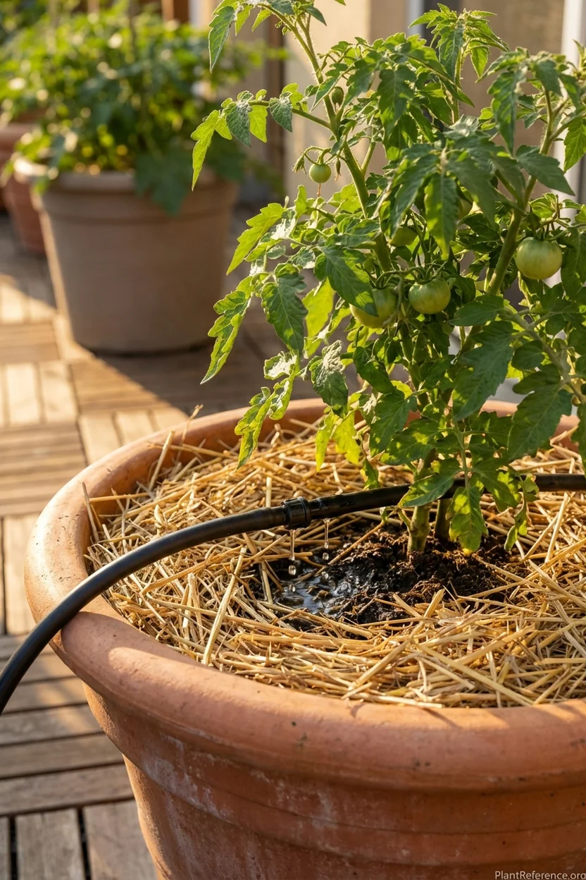 Drip irrigation watering container tomato plant at soil level to prevent leaf diseases