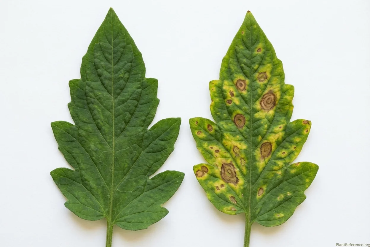Healthy tomato leaf compared to early blight infected leaf showing concentric ring disease symptoms