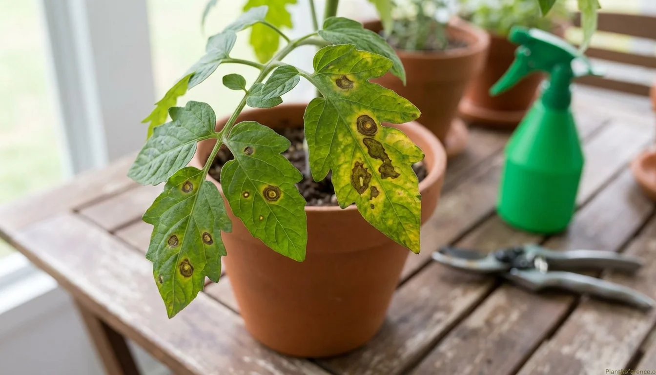 Tomato leaves with early blight disease symptoms showing brown spots and yellowing on container grown plant