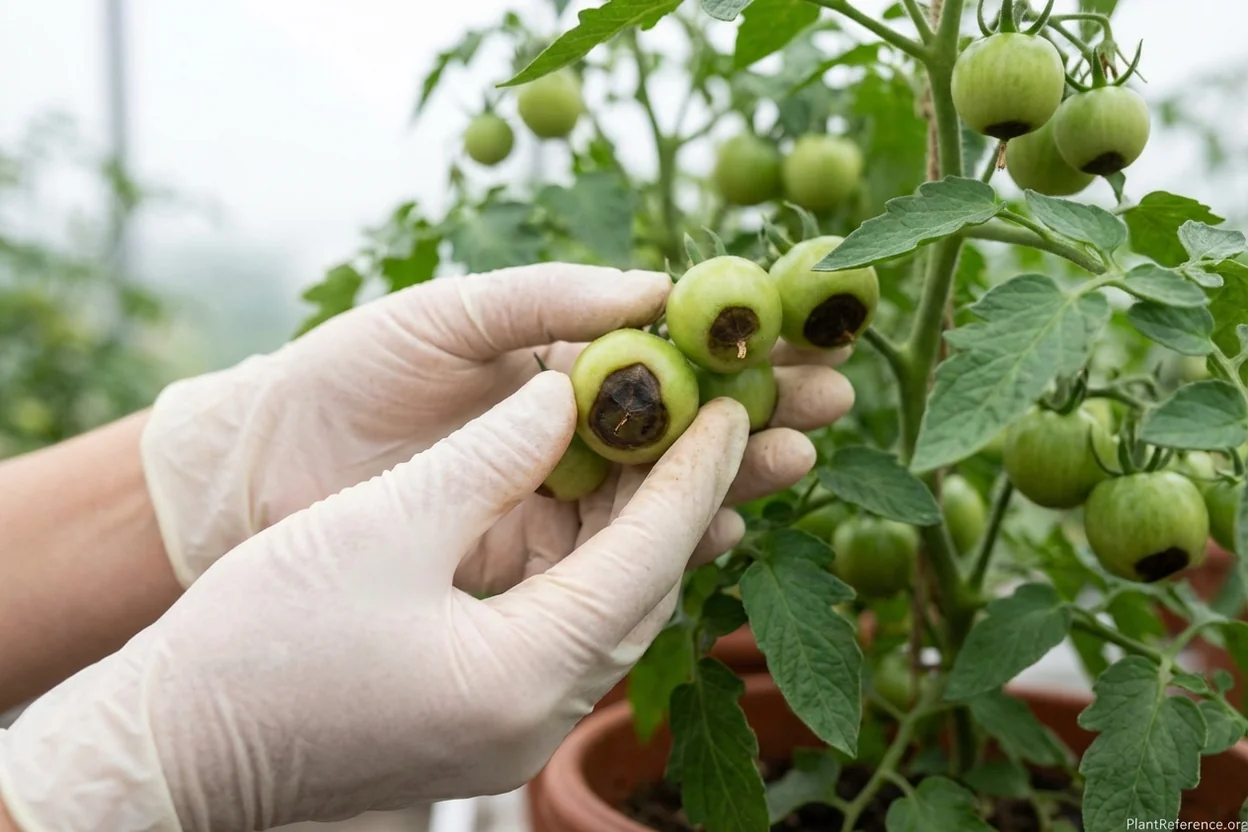 Container tomato fruits showing black blossom end rot spots from calcium deficiency and inconsistent watering