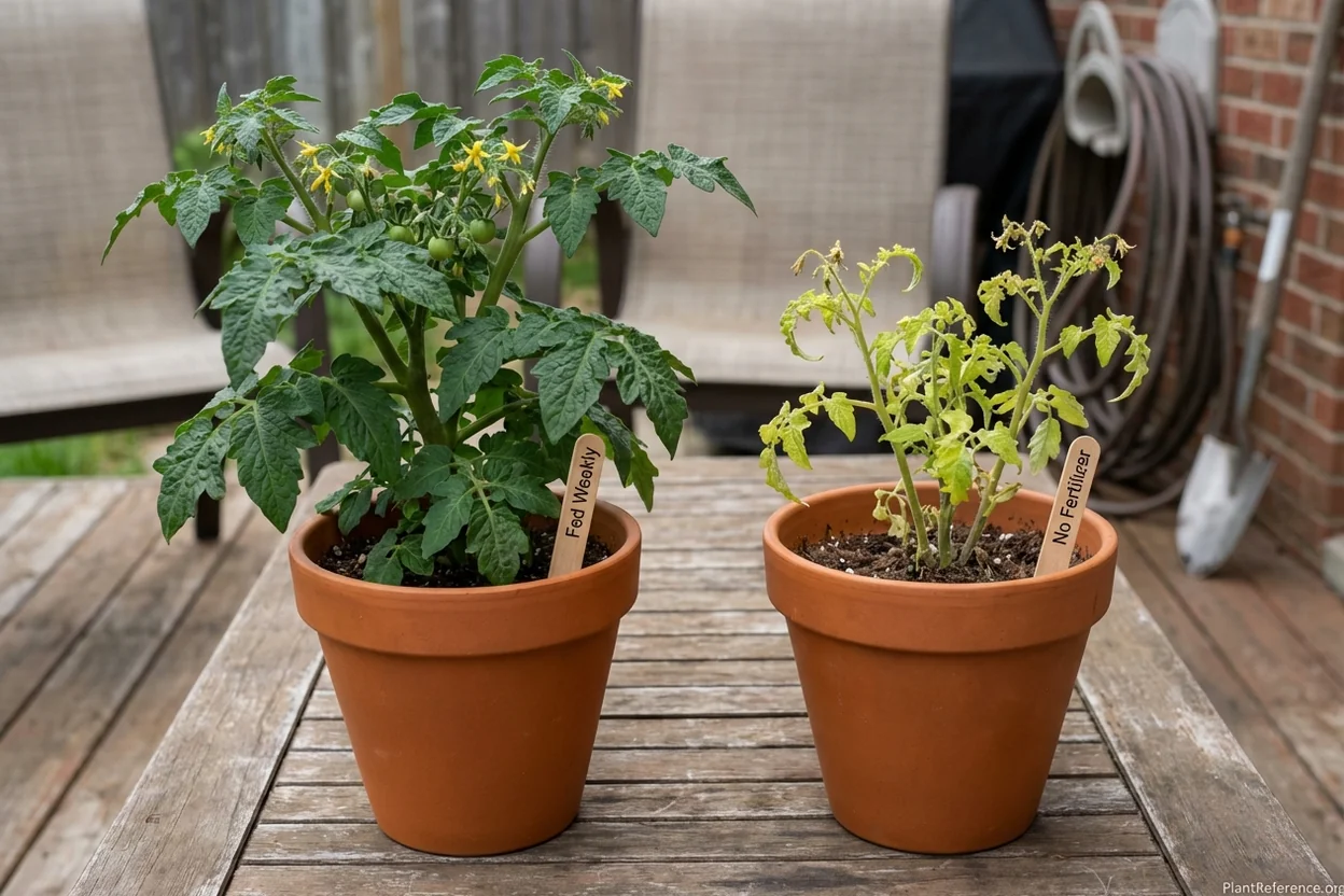Comparison of well-fertilized container tomato plant with deep green leaves next to pale, stunted unfertilized plant