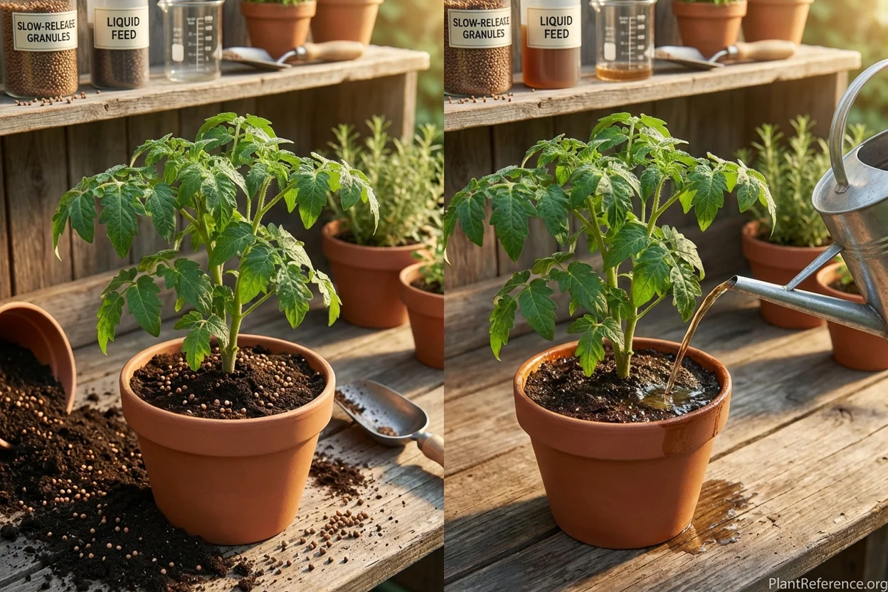 Side-by-side comparison of granular tomato fertilizer on soil surface and liquid fertilizer being poured from watering can