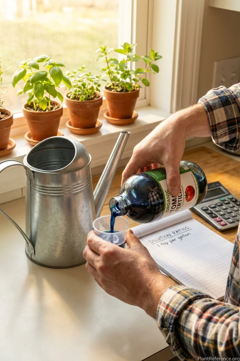 Measuring liquid tomato fertilizer concentrate with measuring cup for proper dilution ratio in watering can