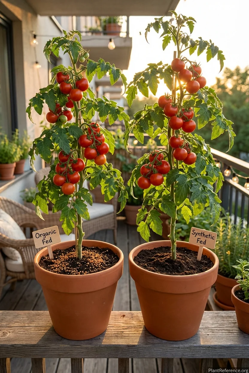 Comparison of container tomato plants showing growth differences between organic and synthetic fertilizer treatments