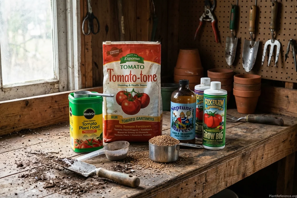 Various tomato fertilizer bottles and containers arranged showing organic granular, liquid concentrate, and slow-release options