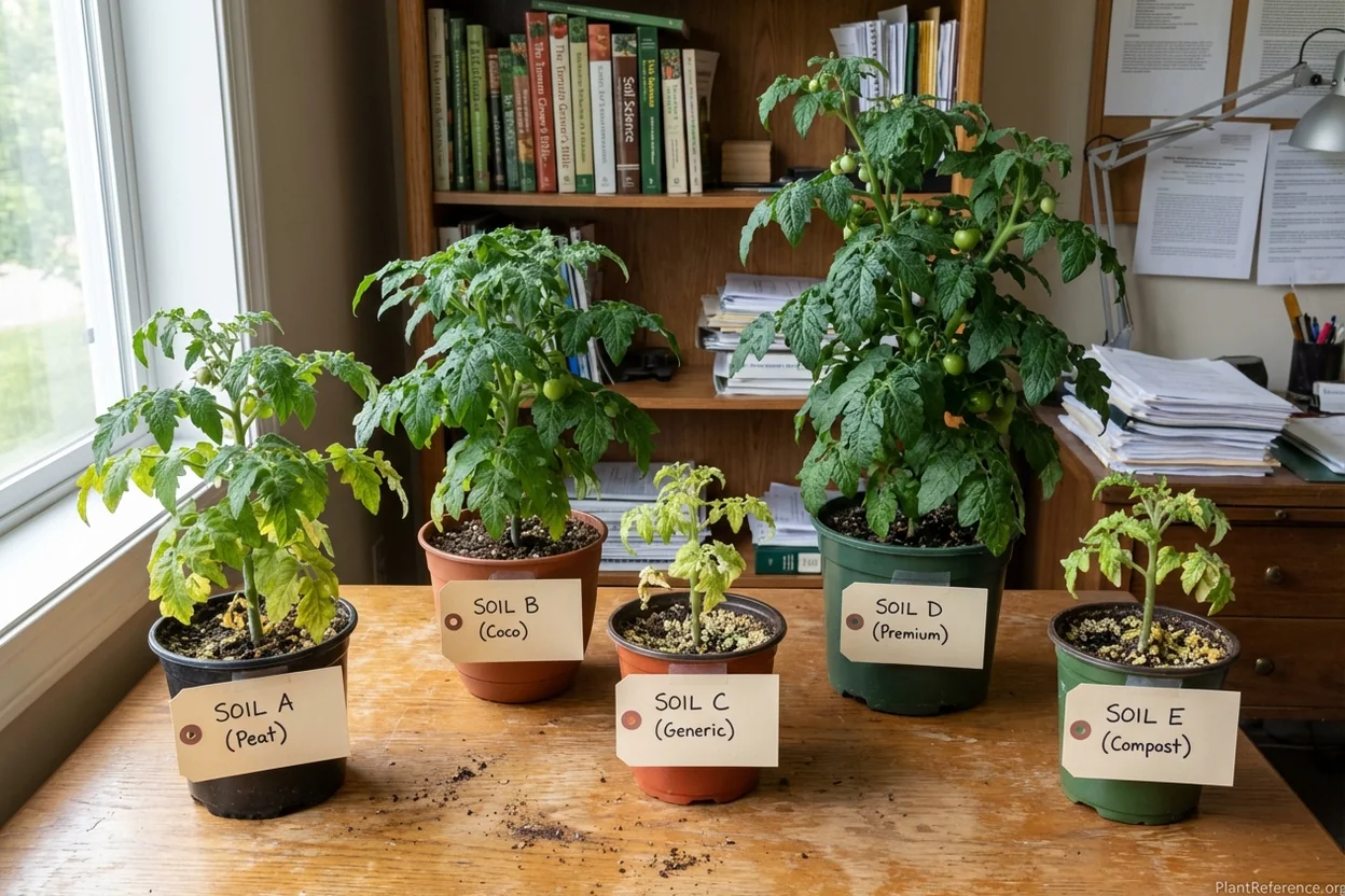 Comparison showing tomato plant growth differences in various commercial potting soils after 60 days