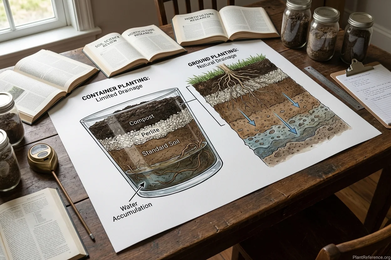 Cross-section view comparing soil drainage patterns in containers versus ground planting for tomatoes