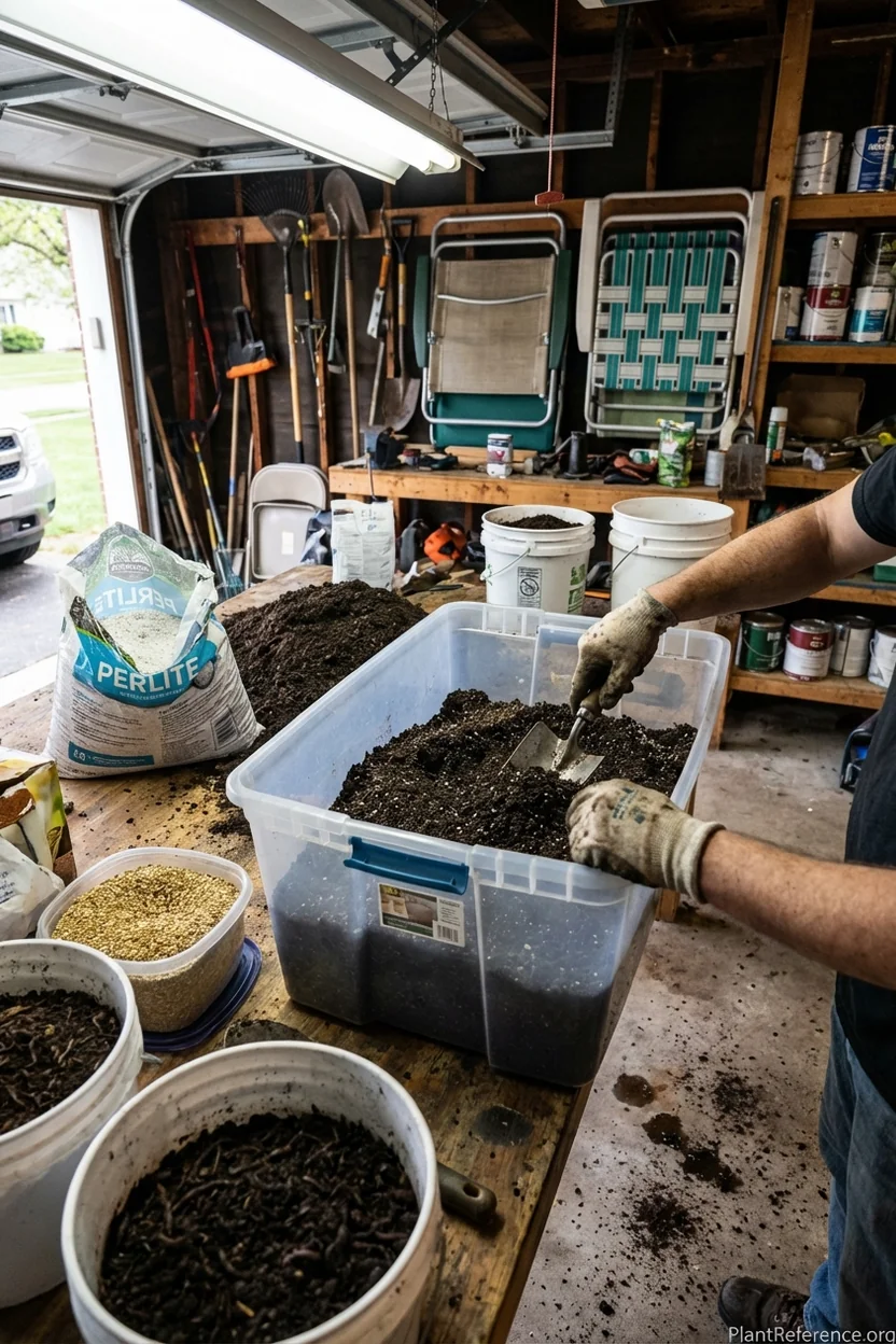 Hands mixing custom DIY potting soil recipe for tomatoes showing ingredient proportions and mixing technique