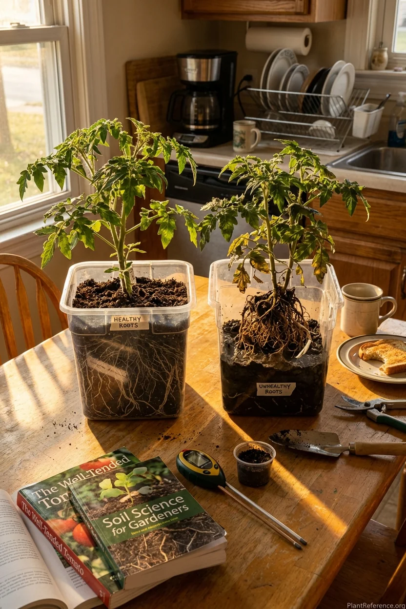 Side-by-side comparison of healthy white tomato roots versus brown damaged roots from poor soil conditions