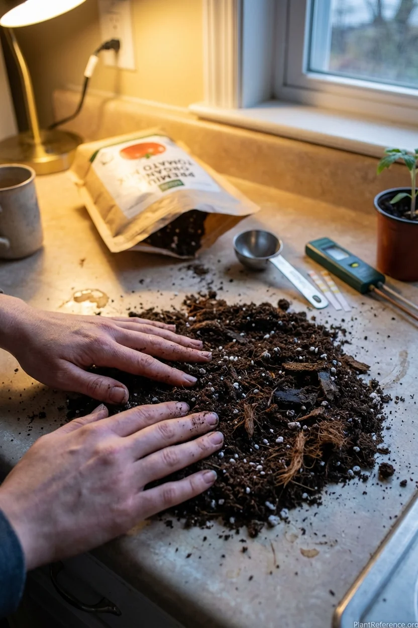 Close-up view of ideal tomato potting soil showing proper particle size distribution and drainage materials