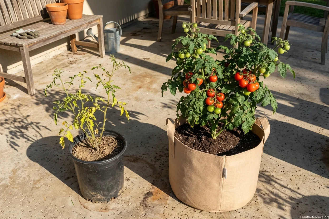 Tomato container size comparison showing effects of root restriction on fruit production