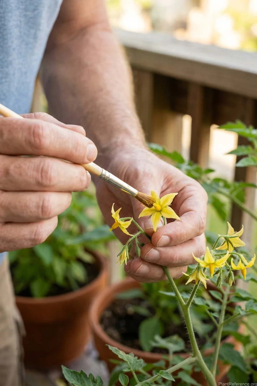 Hand pollinating tomato flowers with small brush for better fruit set in containers