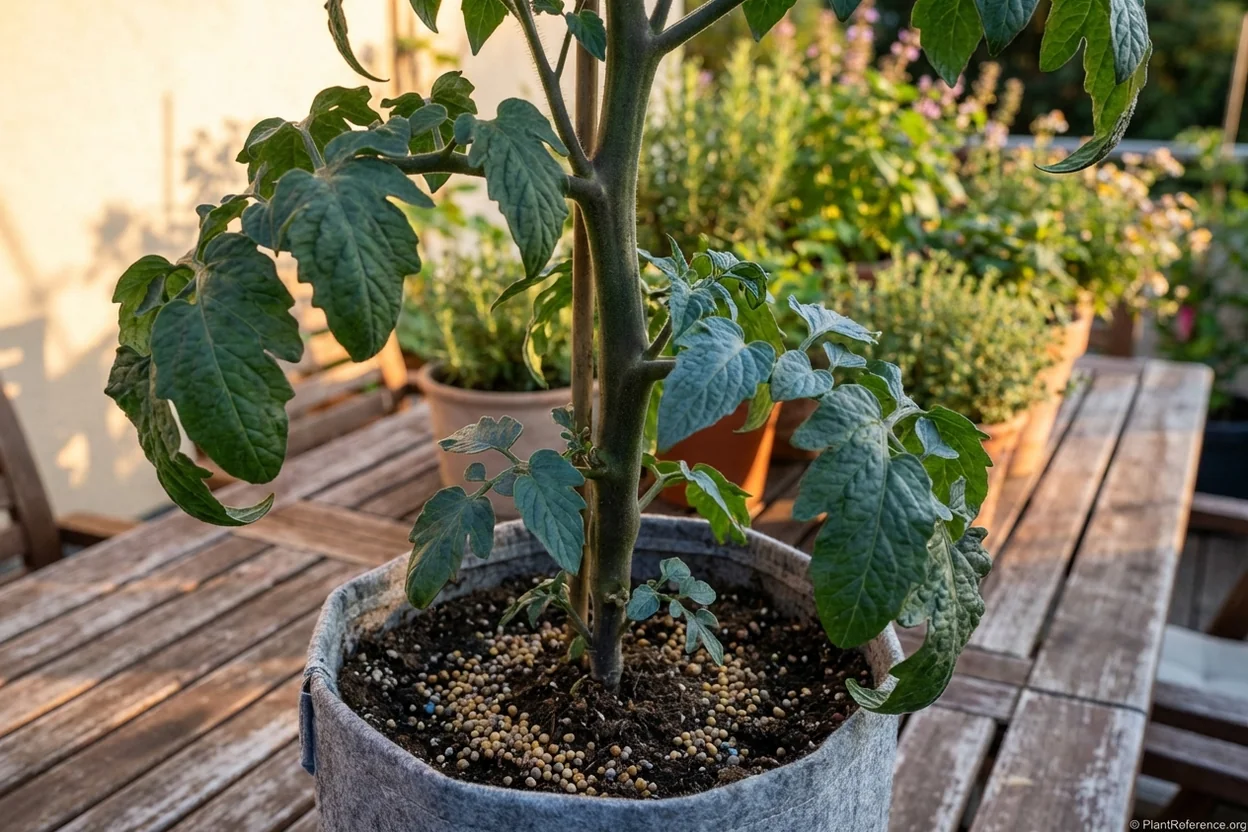 Overfertilized tomato plant with excessive foliage growth showing no flower development