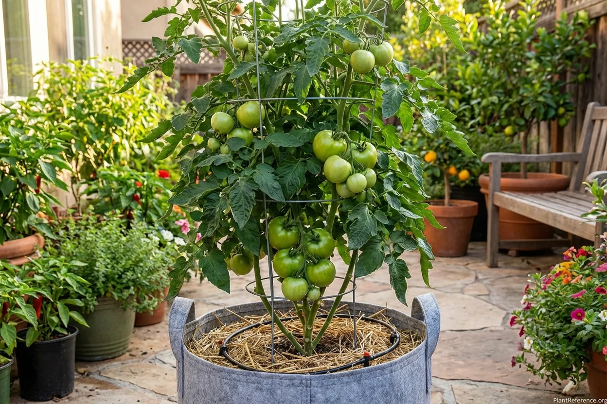 Healthy container tomato plant producing multiple fruit clusters showing successful growing techniques