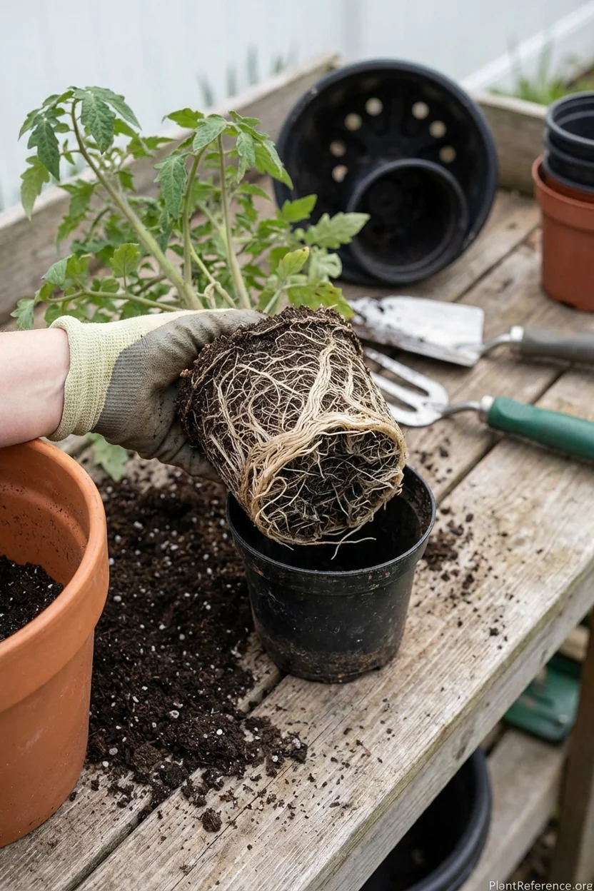 Root-bound tomato plant showing circled roots from container that's too small