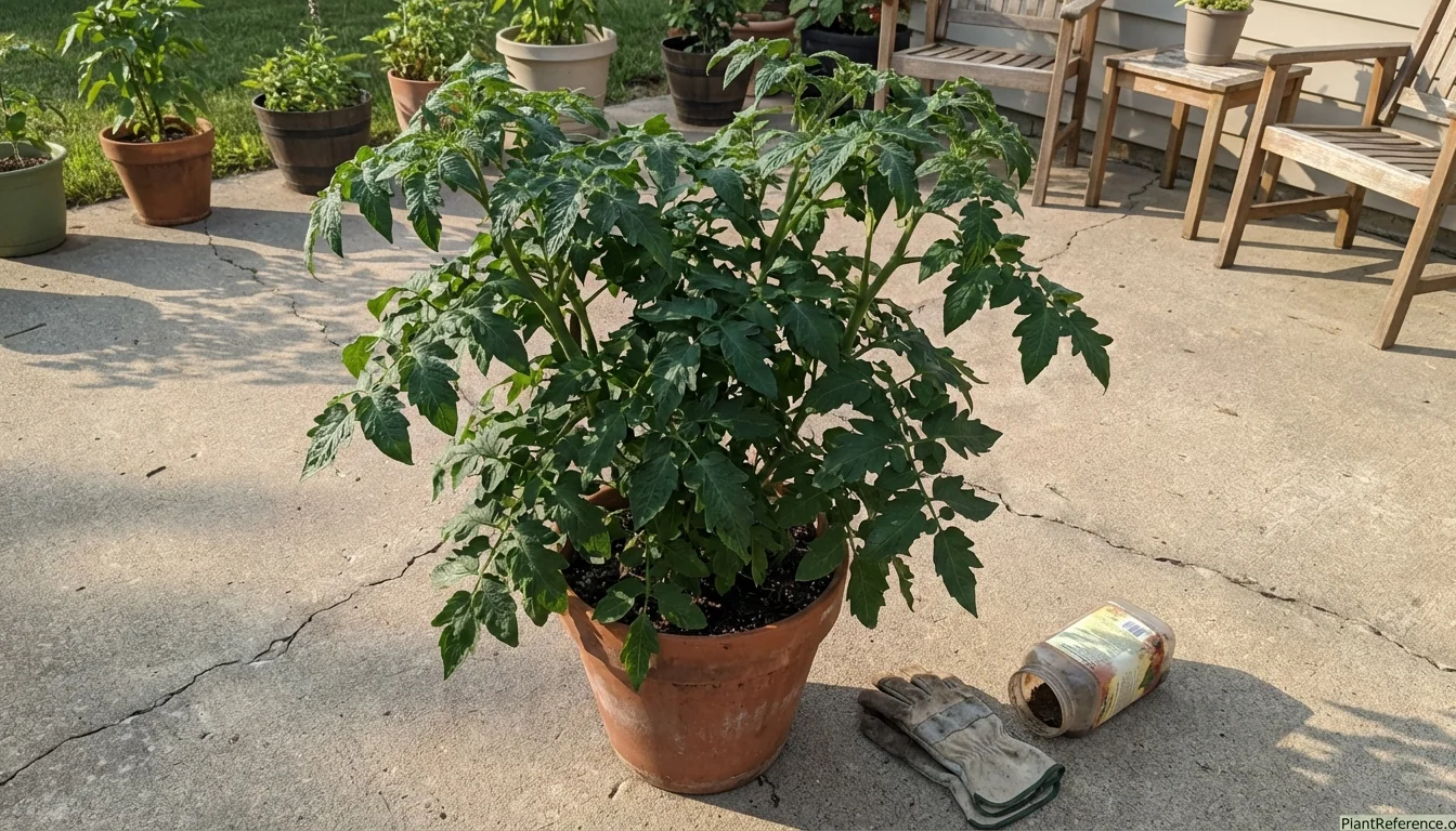 Healthy tomato plants not producing fruit in container garden showing lush green growth