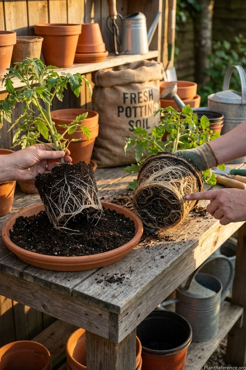 Side-by-side comparison of healthy spreading tomato roots and tightly circled root-bound root mass