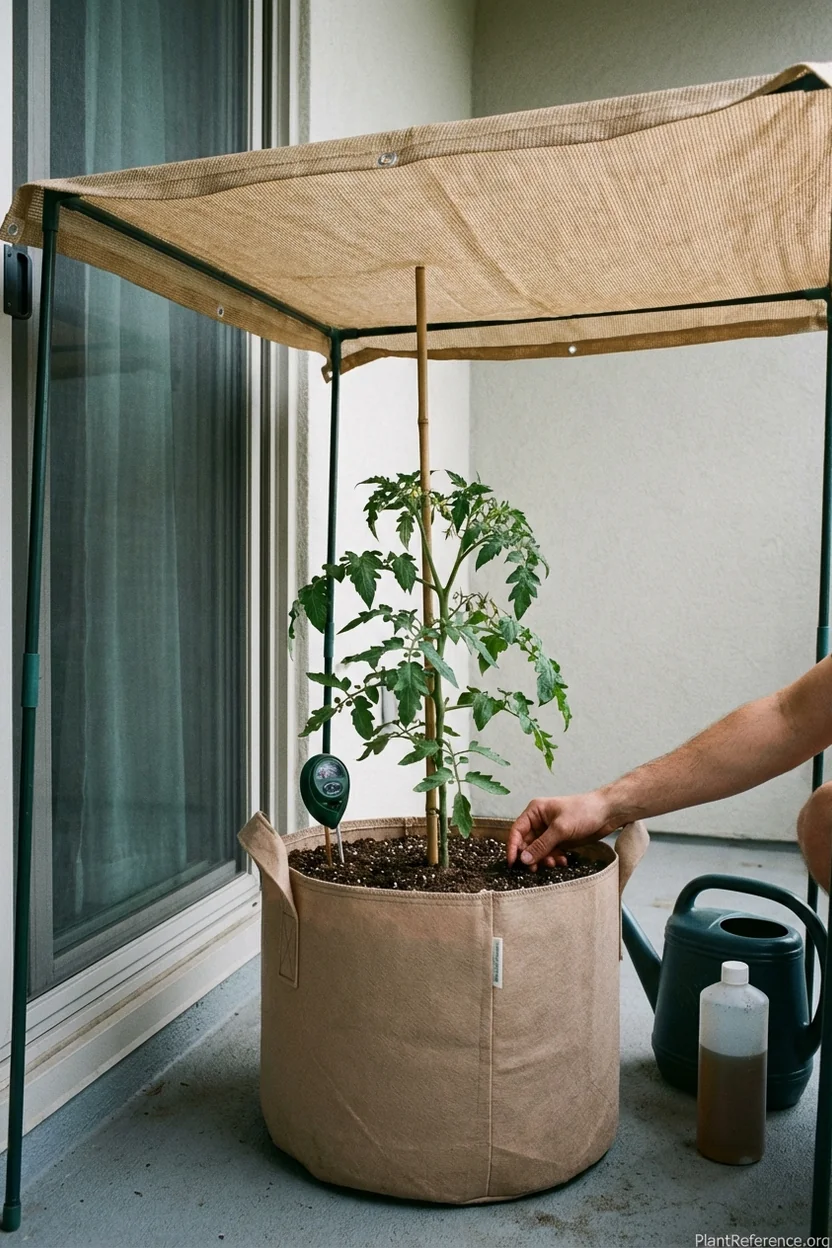 Newly transplanted tomato plant in large container with shade protection and support stake