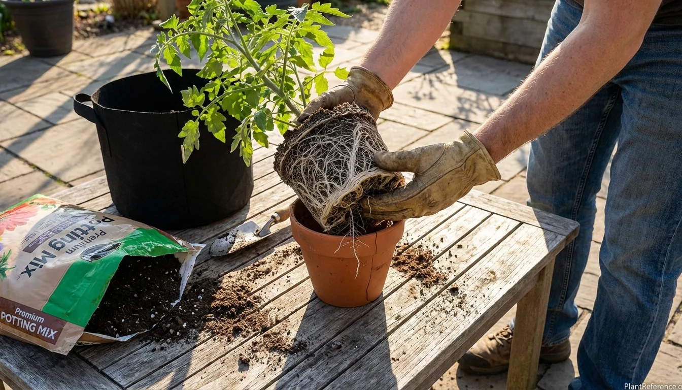 Root-bound tomato plant with circled roots being removed from small container for transplanting