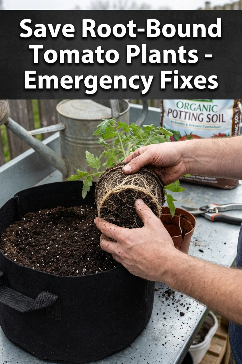 Root-bound tomato plant being transplanted to larger container with emergency rescue tips