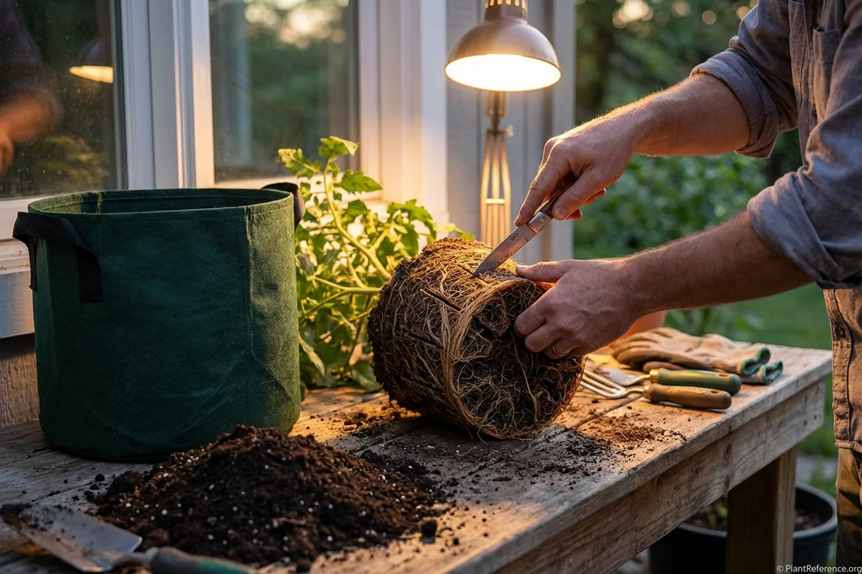 Gardener's hands using clean knife to score root-bound tomato plant root ball for transplanting