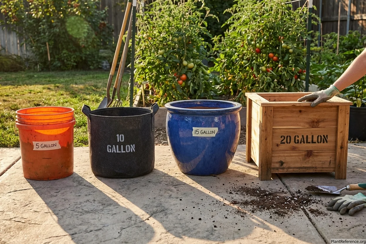 Different sized growing containers from 5-gallon to 20-gallon arranged to show proper sizing for tomato varieties
