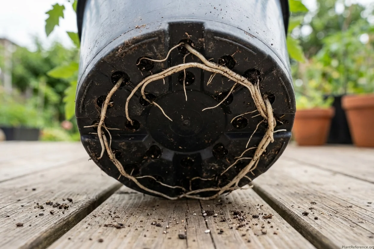 White tomato plant roots growing through plastic container drainage holes indicating root-bound condition