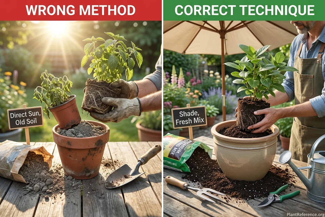 Comparison showing wrong and right ways to transplant root-bound tomato plants