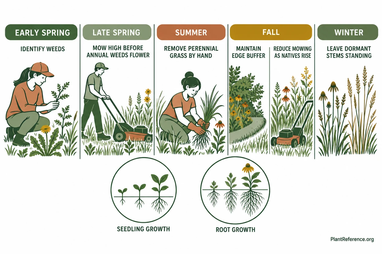 First-year weed management calendar after converting lawn to native meadow