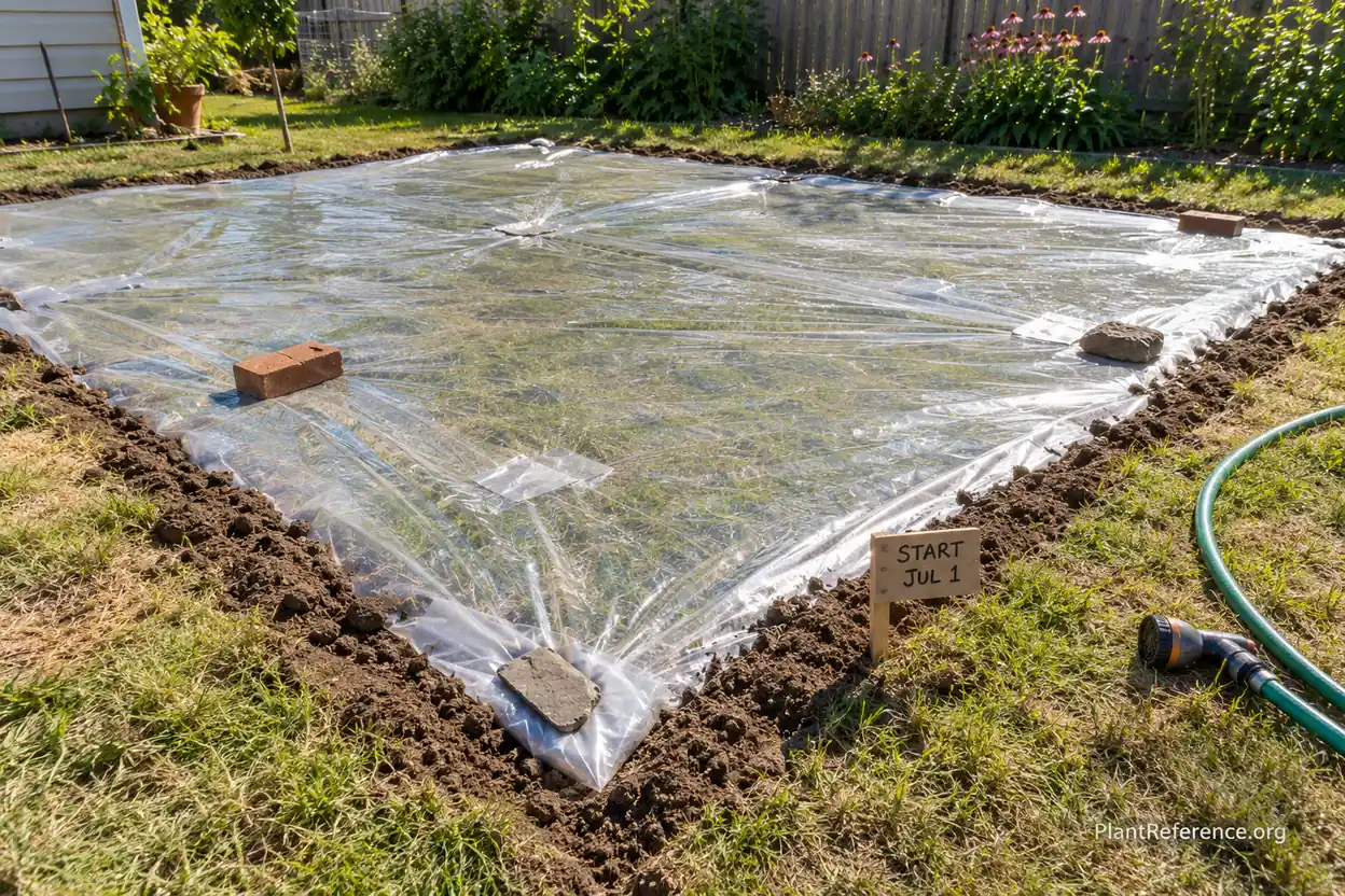 Clear plastic tightly sealed over moist lawn for summer solarization