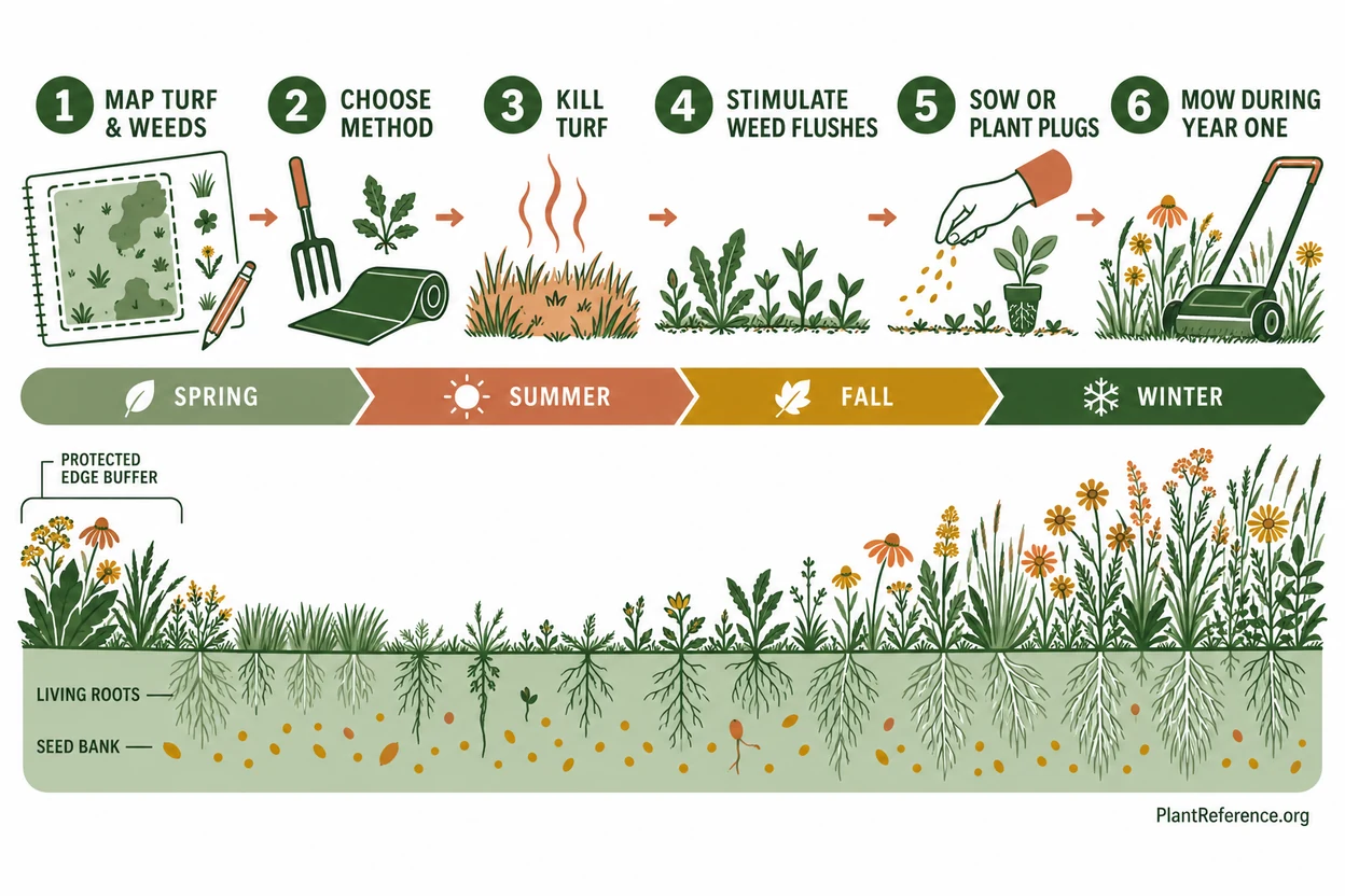 Six-stage sequence for converting turf lawn to native meadow