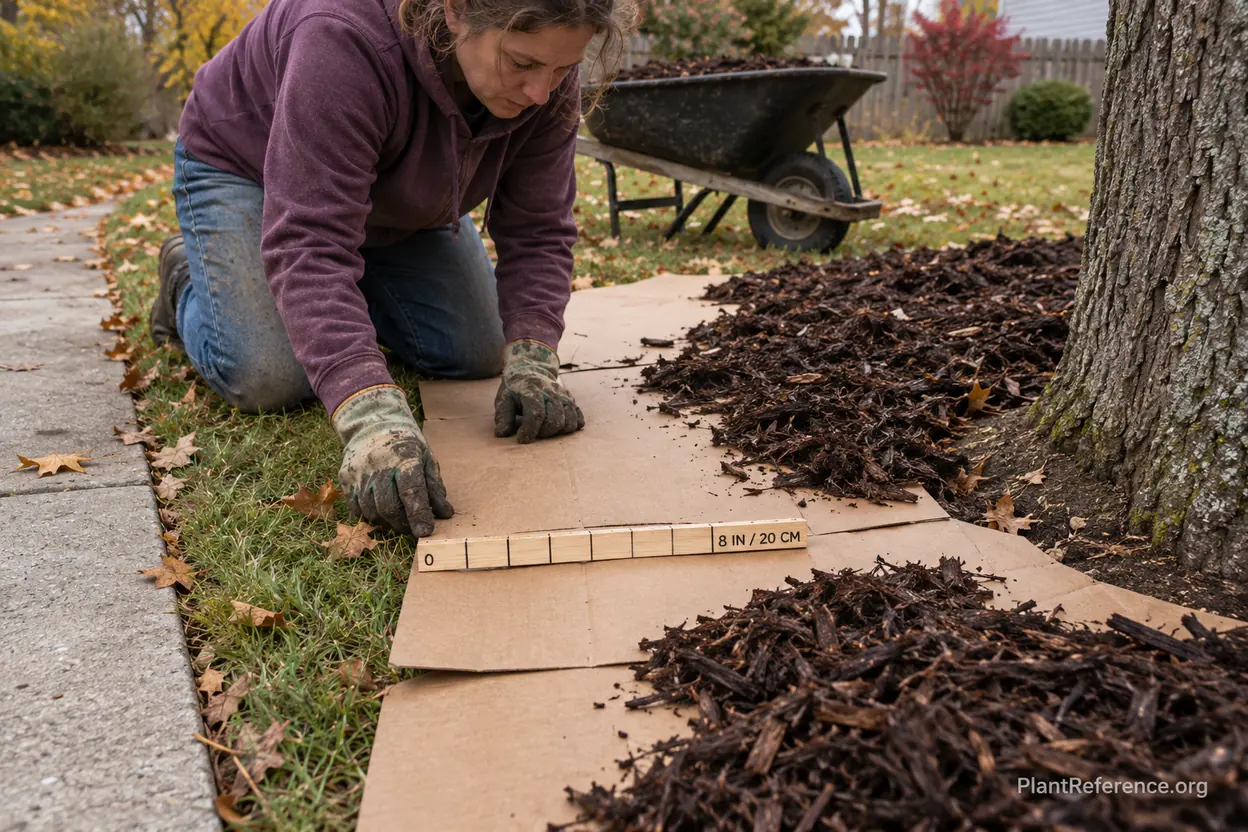Overlapping cardboard and hardwood mulch smothering lawn before meadow planting