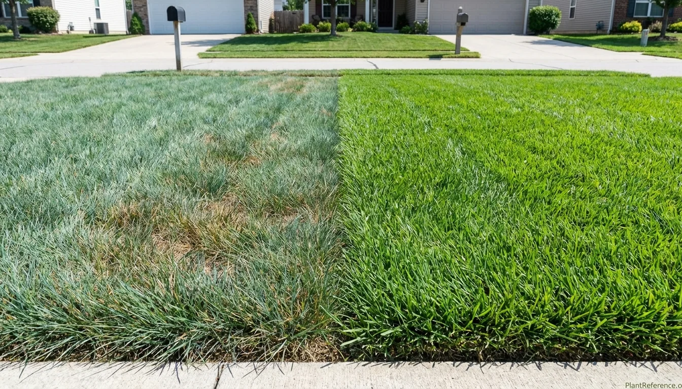 Split lawn view showing actively growing cool-season grass in spring green alongside dormant brown warm-season grass