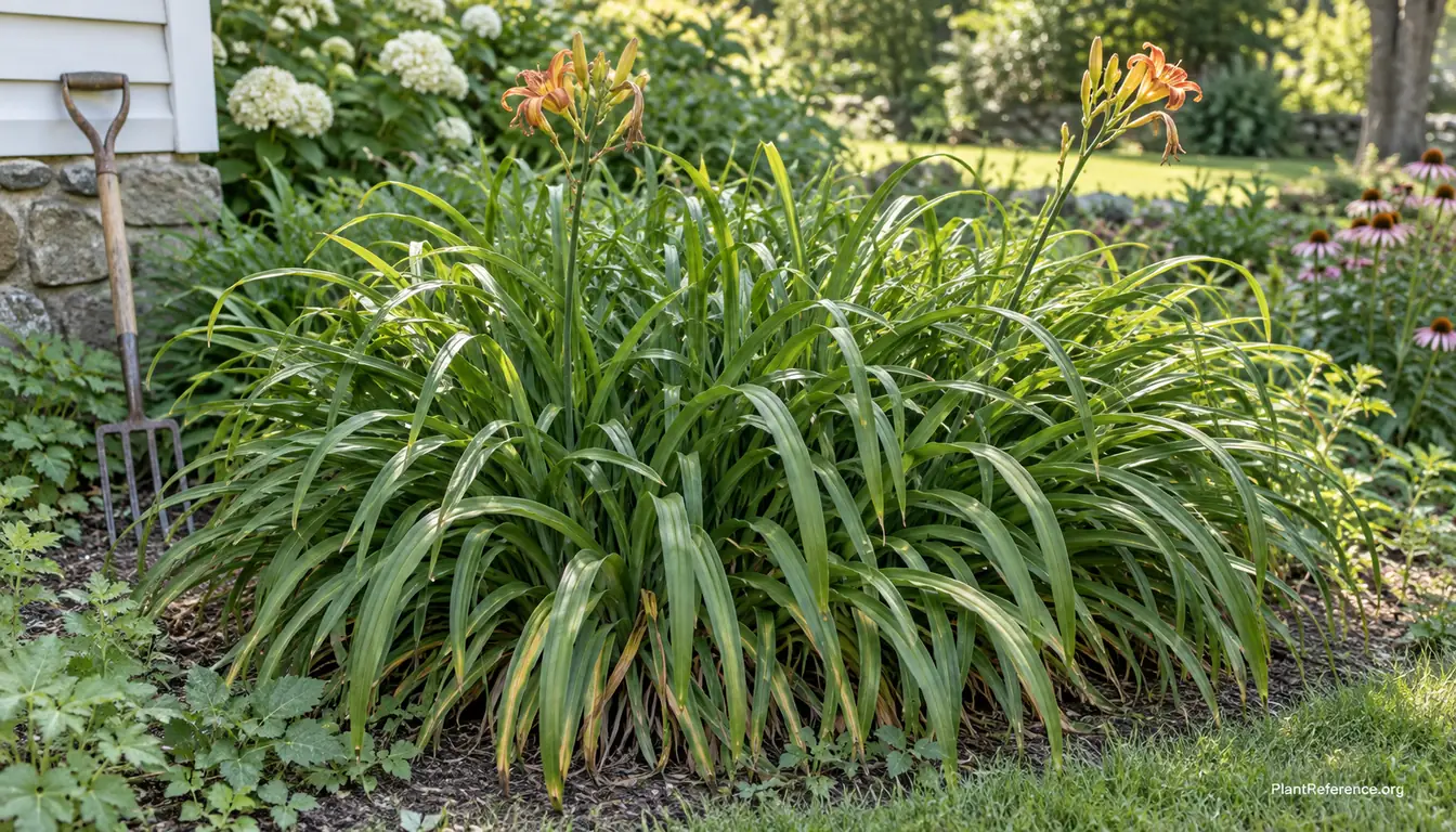 Overcrowded daylily clump with heavy foliage and few blooms showing why daylilies stop flowering