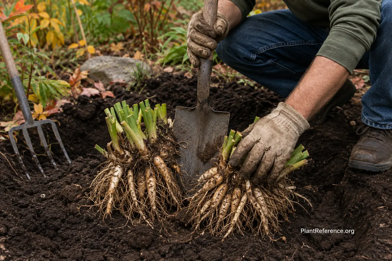 Dividing an overcrowded daylily clump into sections to restore blooming