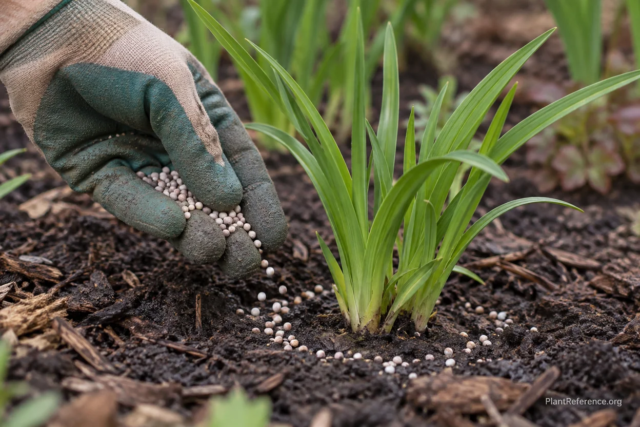 Applying a light balanced fertilizer to daylilies in spring to encourage blooming