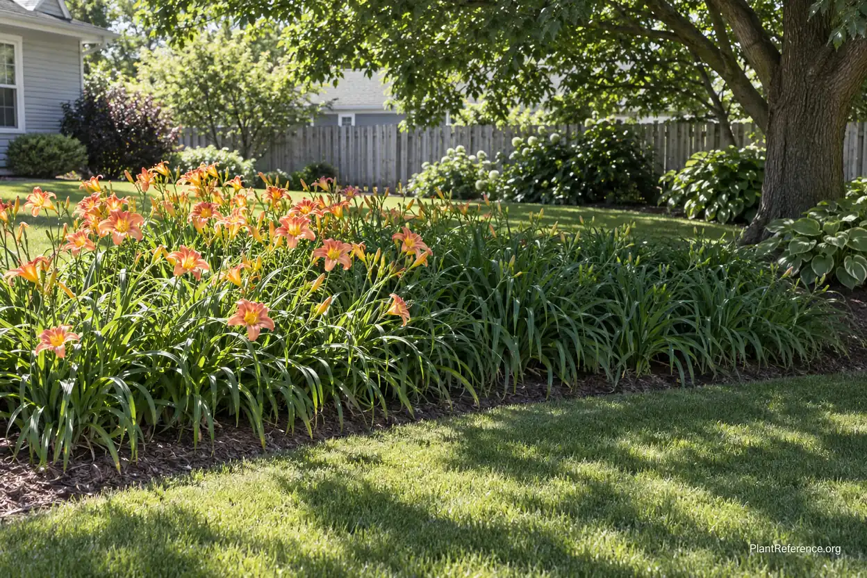 Daylily bed showing shaded and sunny sections affecting bloom production