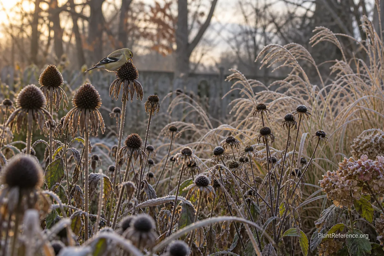 Coneflower seed heads left standing for winter birds in a deer-resistant perennial bed