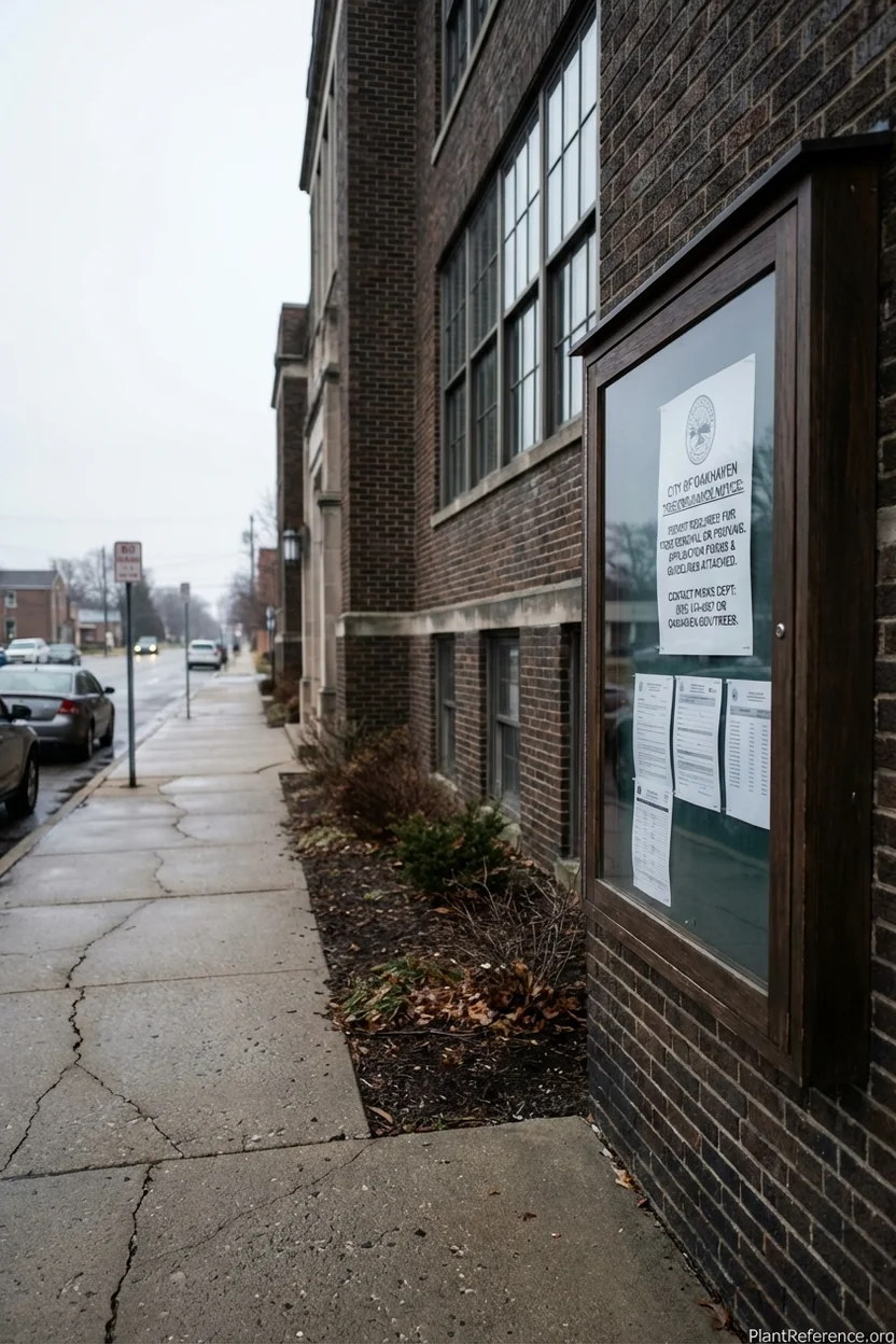 Municipal tree protection ordinance posted at city hall showing permit requirements and penalty information