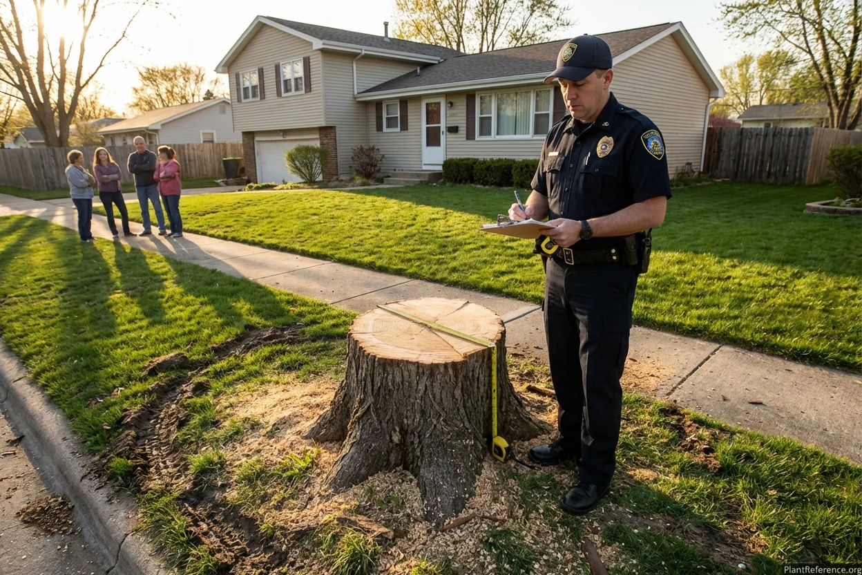 Municipal code enforcement documenting unpermitted tree removal violation with citation and stump evidence