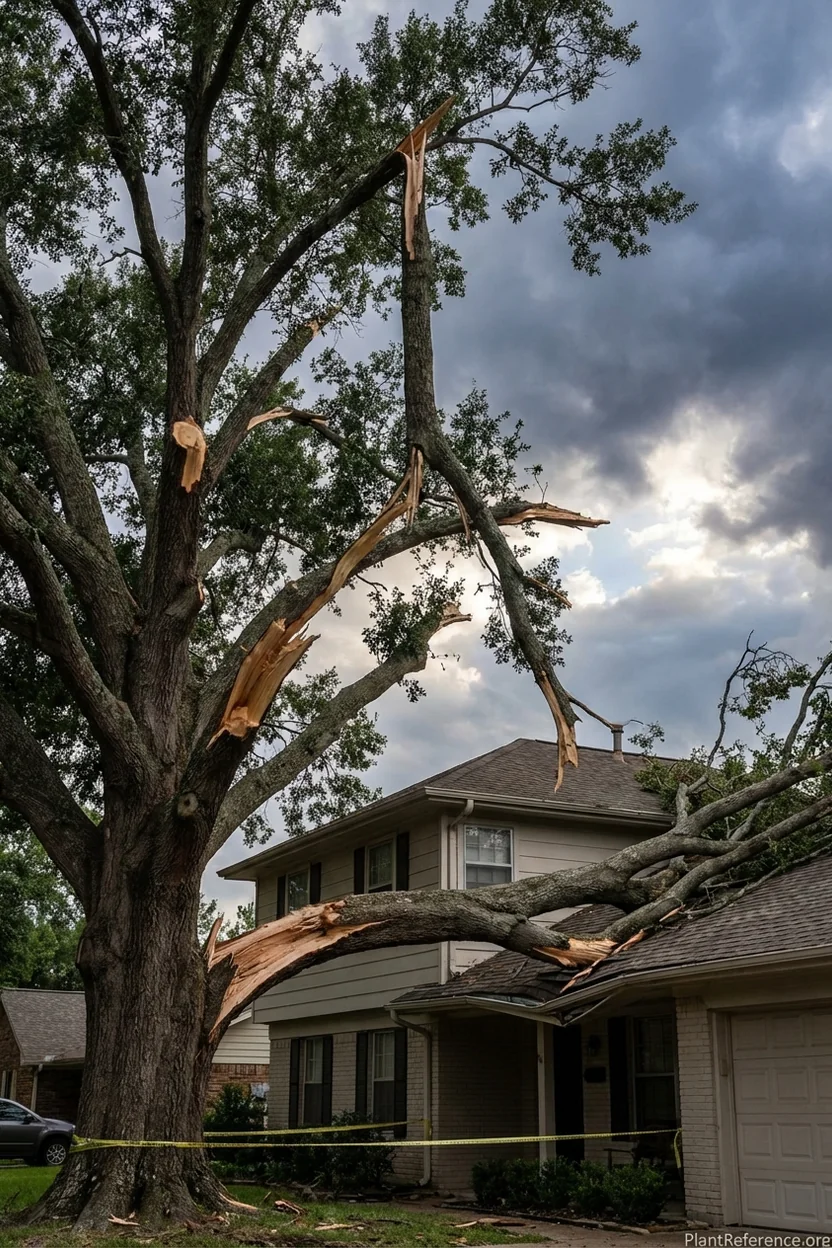 Storm damaged tree with broken branches over house requiring emergency removal
