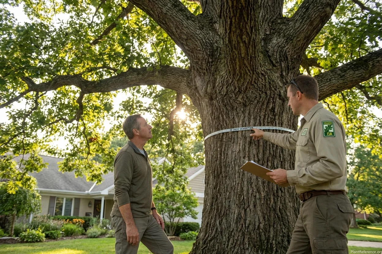 Heritage oak tree consultation with certified arborist measuring large diameter trunk