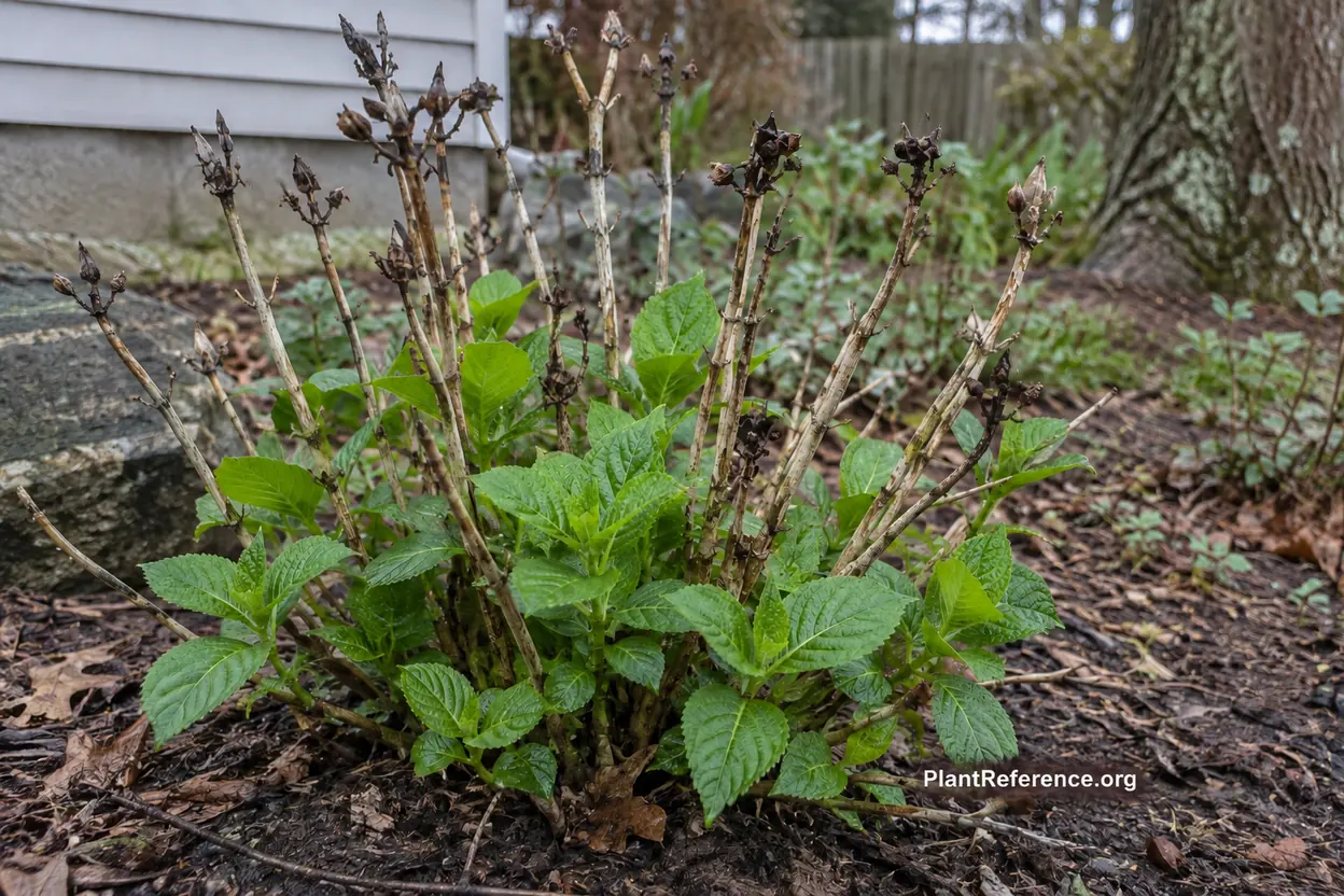 Old and new growth on Endless Summer hydrangea after winter bud damage