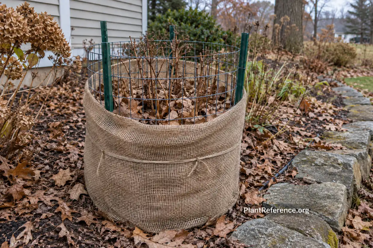 Winter protection around Endless Summer hydrangea old wood and flower buds