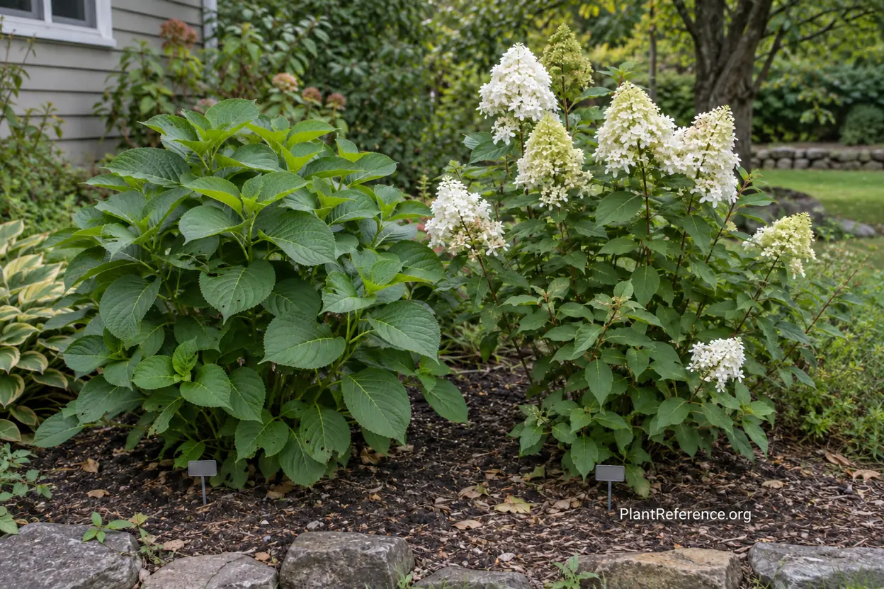 Nonblooming bigleaf hydrangea compared with flowering panicle hydrangea in cold climate