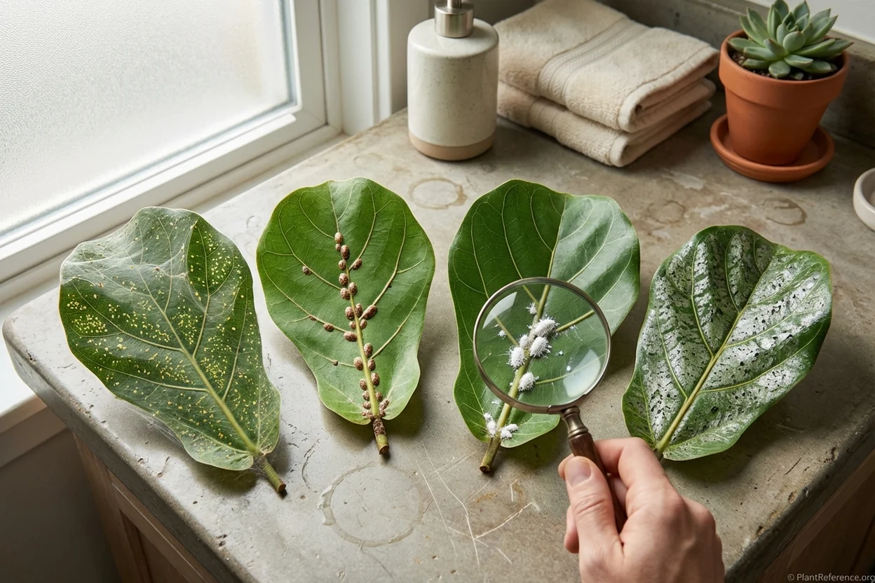 Spider mites, scale, mealybugs, and thrips comparison on fiddle leaf fig leaves